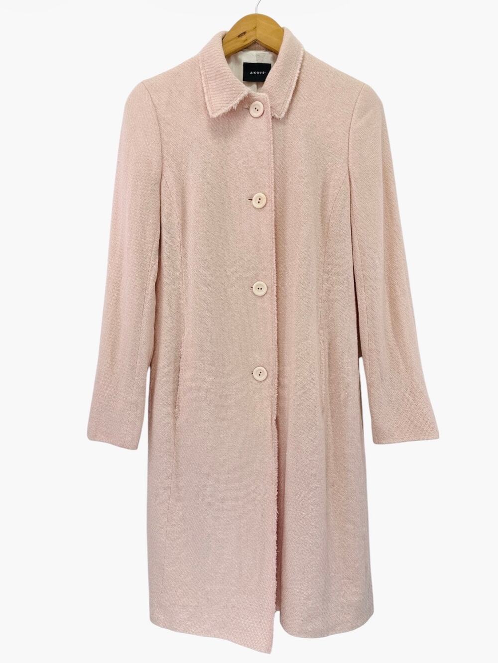 Akris Pink Wool Linen Blend Boucle Coat Button Front Raw Edge Size 8